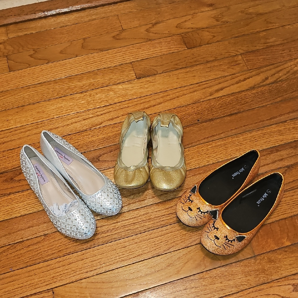 3 Pairs Of Girl's Dress Shoes- Silver, Gold, and Orange Cat Sz 3 Nanette Lepore